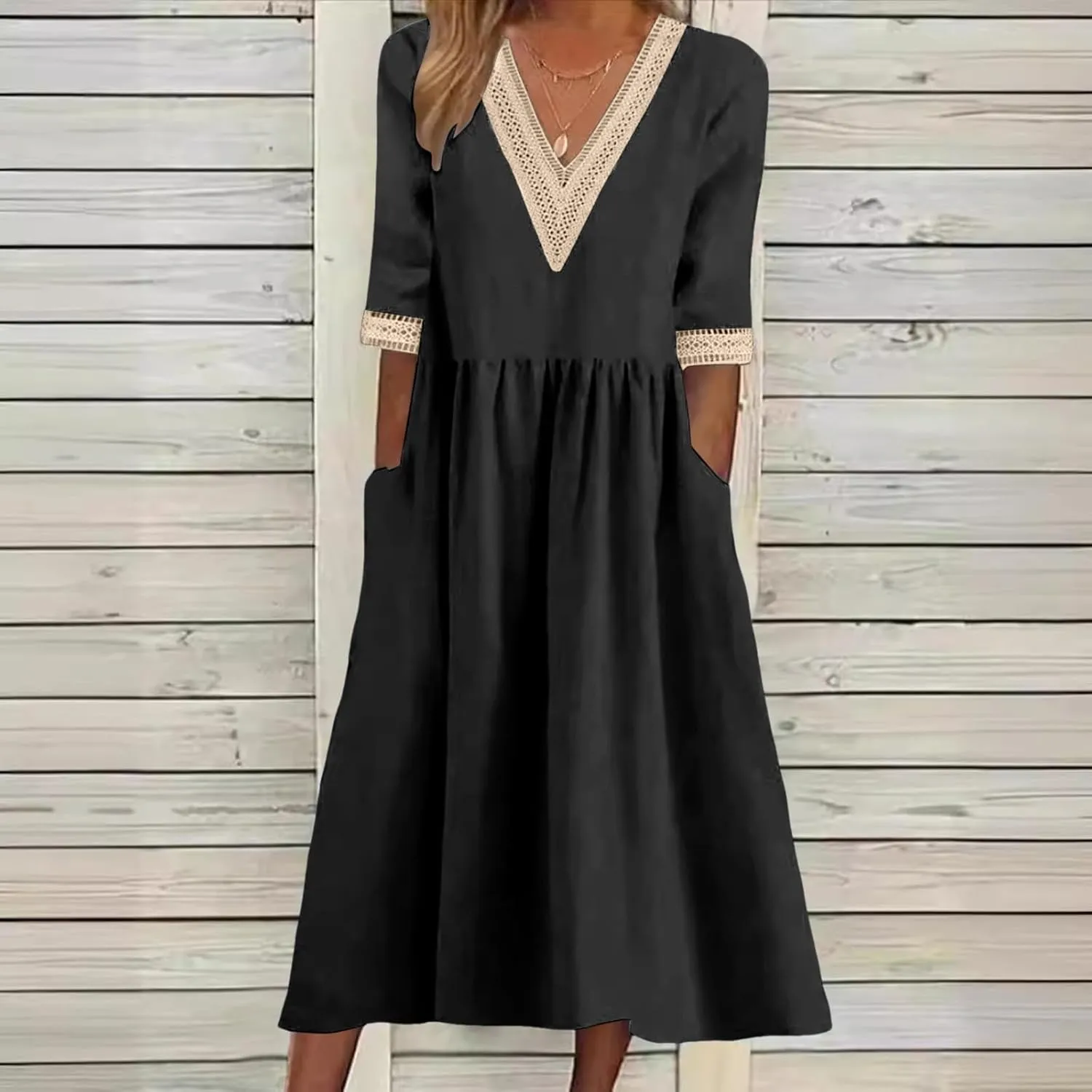 Women Solid Color Midi Dress Lace V Neck Short Sleeve Mid Length Dress Mini Loose Fit