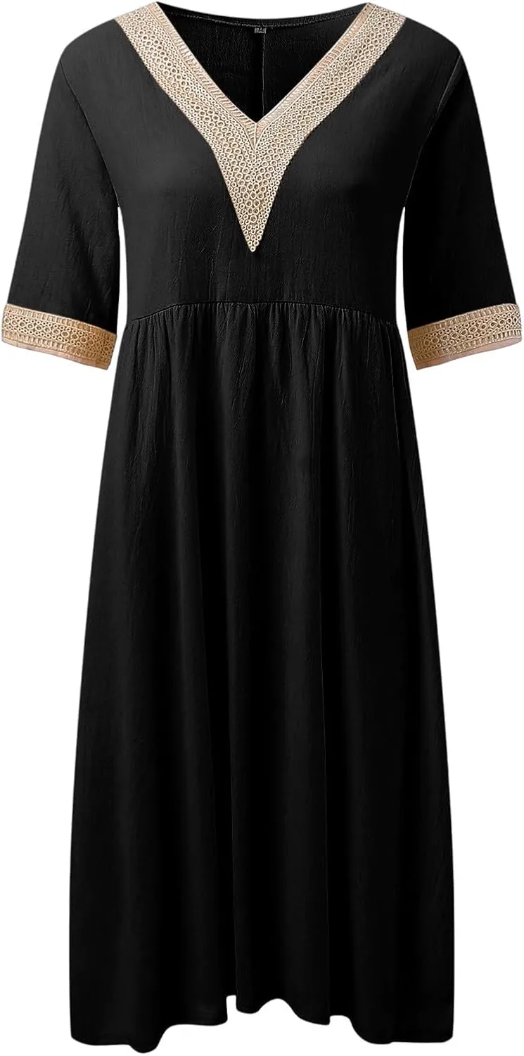 Women Solid Color Midi Dress Lace V Neck Short Sleeve Mid Length Dress Mini Loose Fit