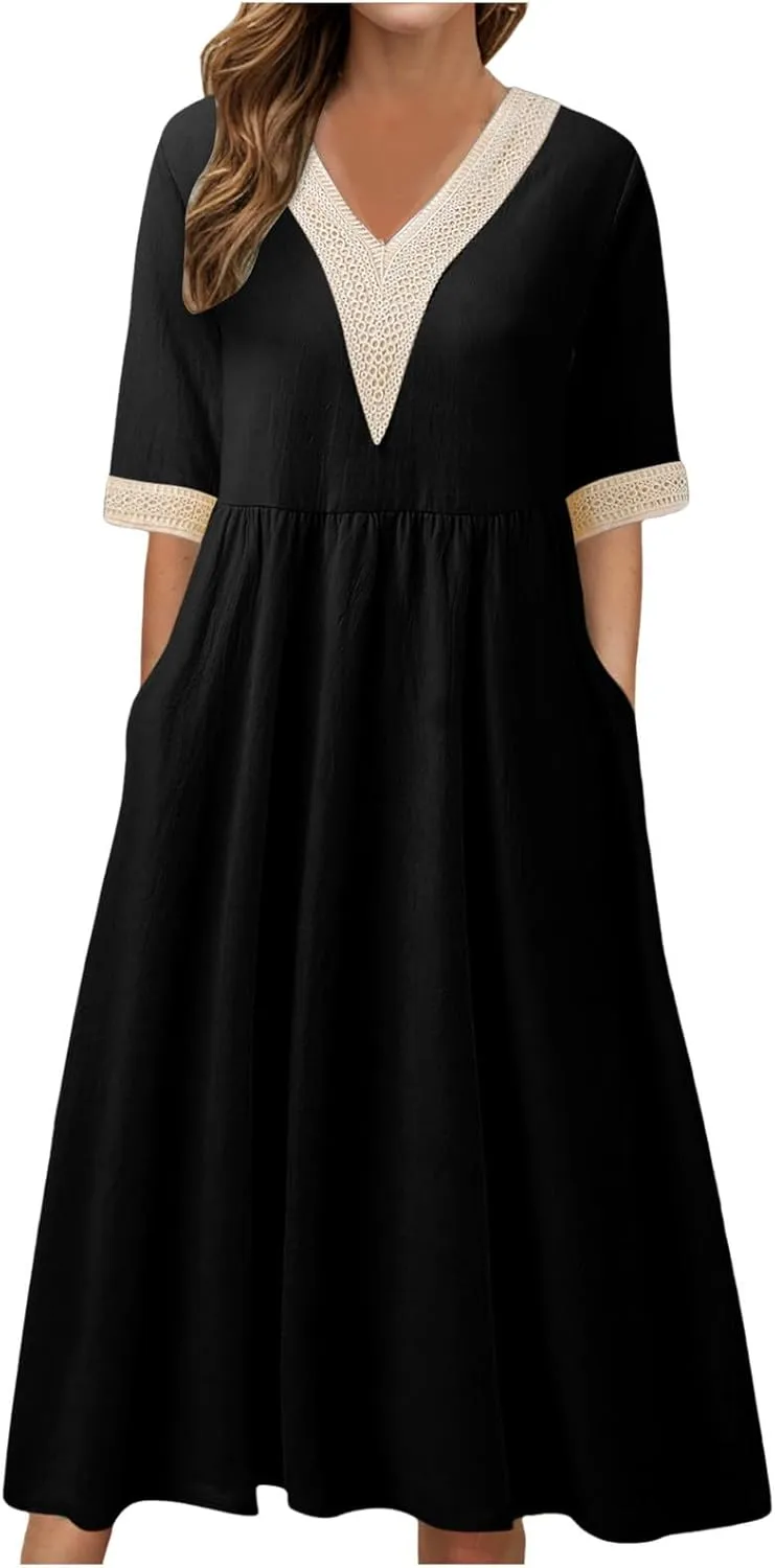 Women Solid Color Midi Dress Lace V Neck Short Sleeve Mid Length Dress Mini Loose Fit