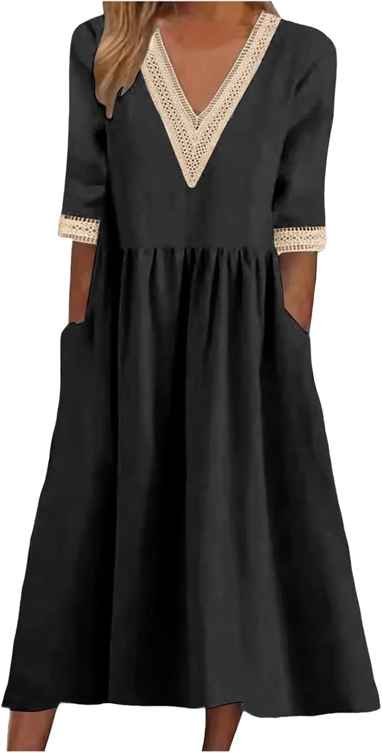 Women Solid Color Midi Dress Lace V Neck Short Sleeve Mid Length Dress Mini Loose Fit
