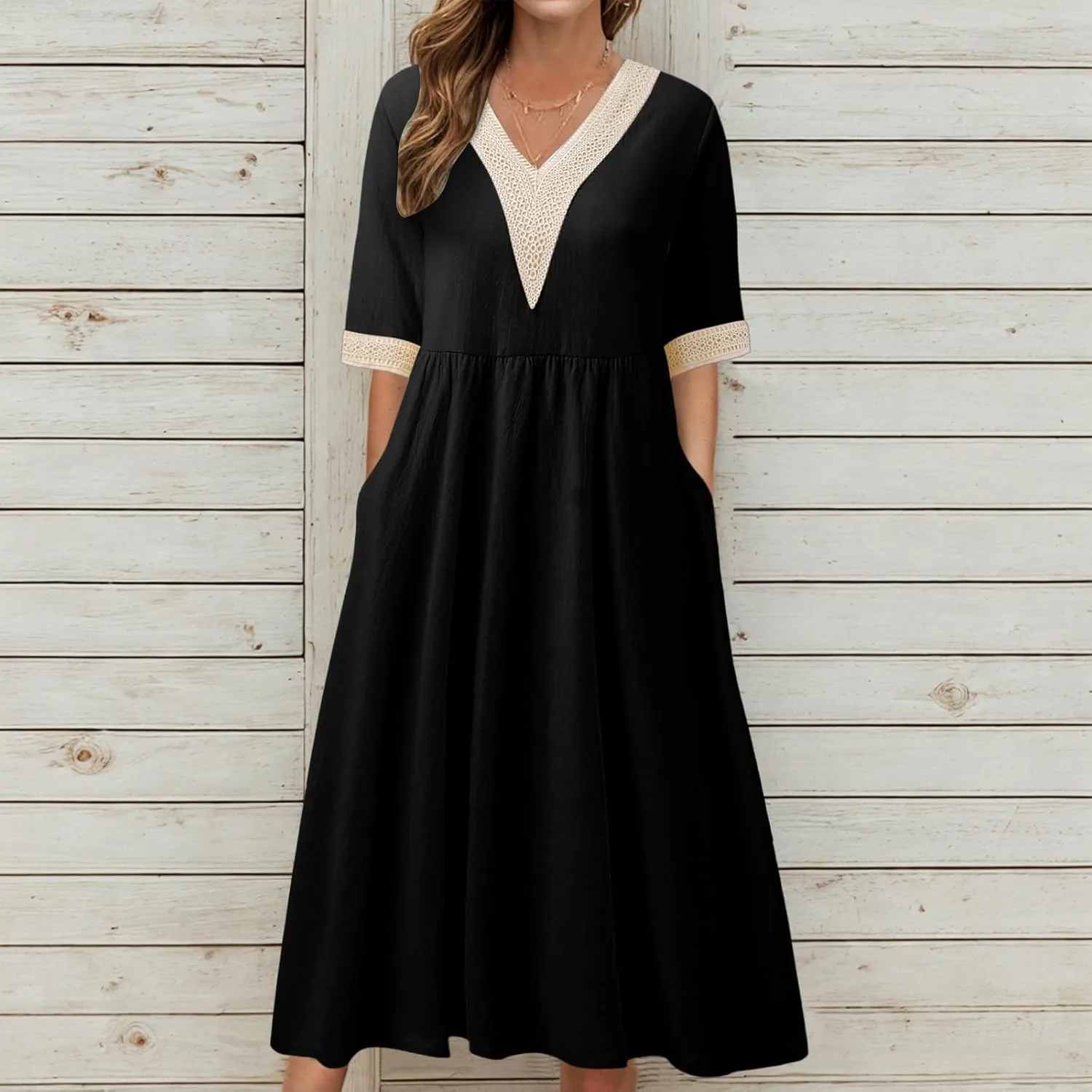 Women Solid Color Midi Dress Lace V Neck Short Sleeve Mid Length Dress Mini Loose Fit