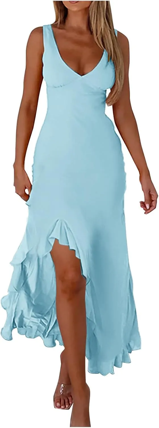 Women Summer Trendy Maxi Dresses Sleeveless Fit Flare Dress Hide Tummy Wrap V-Neck Ruffle Mesh Hem Long Sundress Elegant
