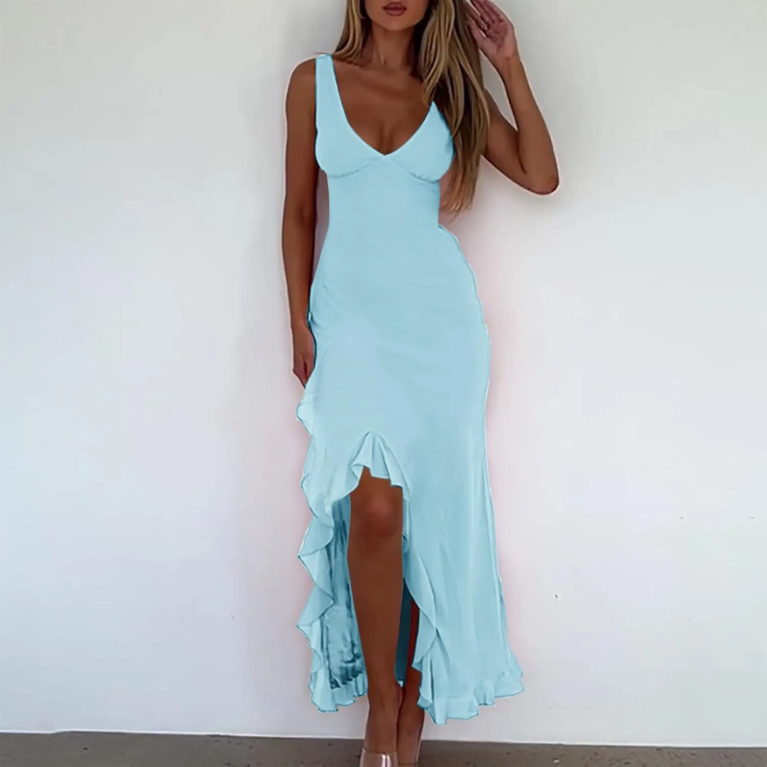 Women Summer Trendy Maxi Dresses Sleeveless Fit Flare Dress Hide Tummy Wrap V-Neck Ruffle Mesh Hem Long Sundress Elegant