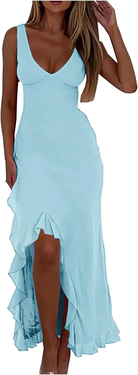 Women Summer Trendy Maxi Dresses Sleeveless Fit Flare Dress Hide Tummy Wrap V-Neck Ruffle Mesh Hem Long Sundress Elegant