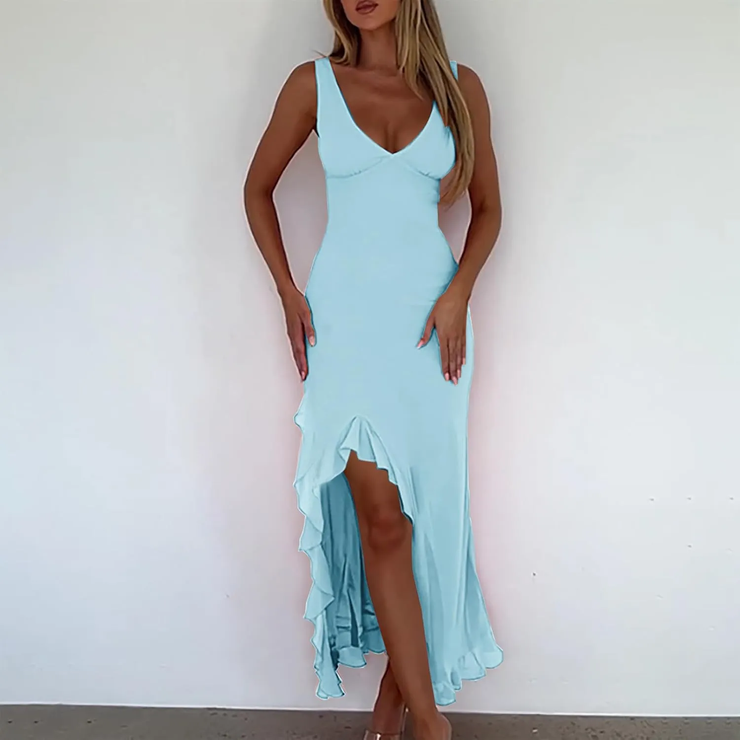Women Summer Trendy Maxi Dresses Sleeveless Fit Flare Dress Hide Tummy Wrap V-Neck Ruffle Mesh Hem Long Sundress Elegant