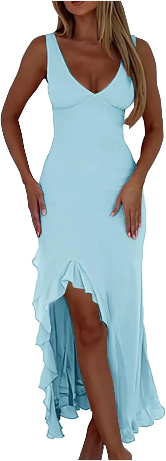 Women Summer Trendy Maxi Dresses Sleeveless Fit Flare Dress Hide Tummy Wrap V-Neck Ruffle Mesh Hem Long Sundress Elegant