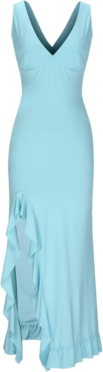 Women Summer Trendy Maxi Dresses Sleeveless Fit Flare Dress Hide Tummy Wrap V-Neck Ruffle Mesh Hem Long Sundress Elegant