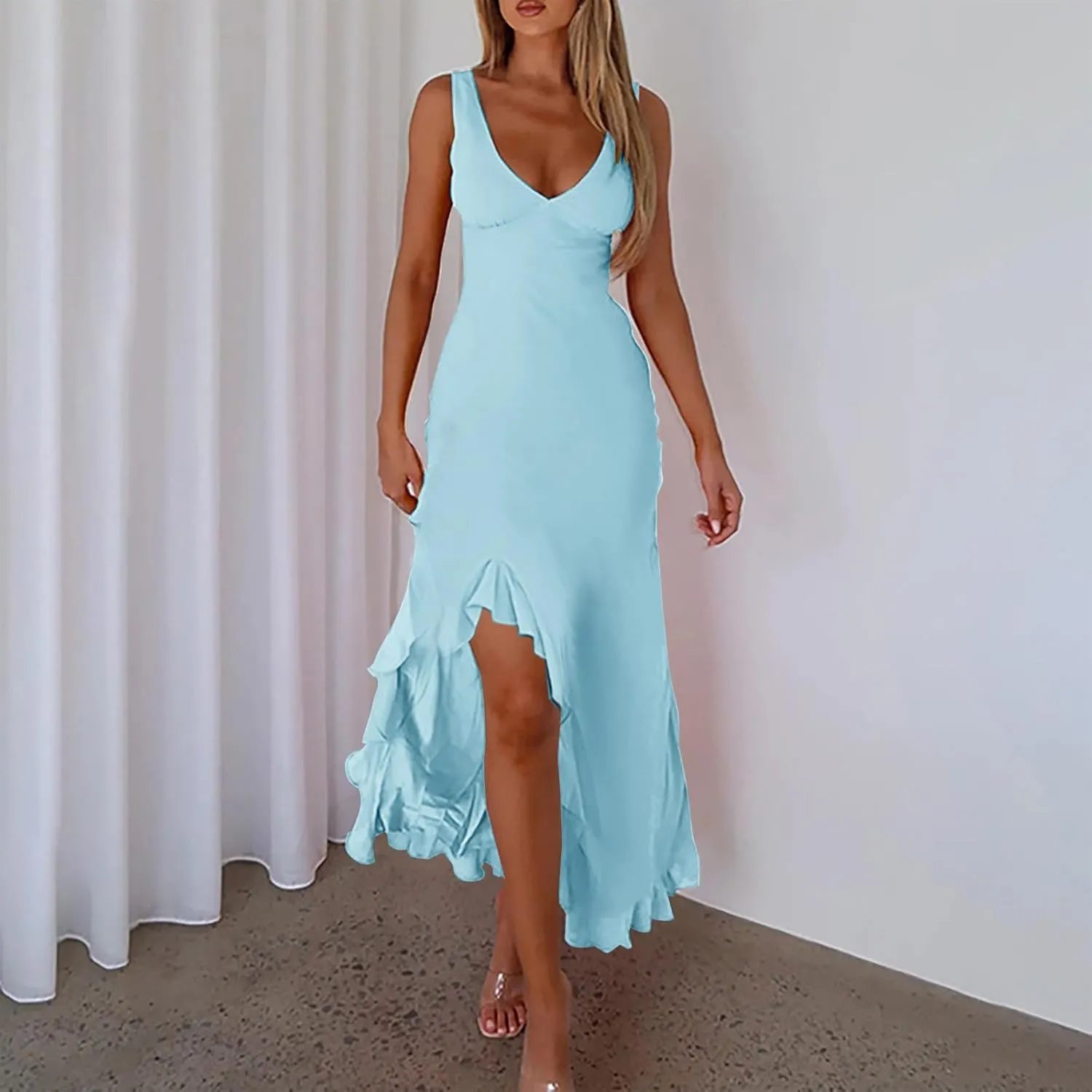Women Summer Trendy Maxi Dresses Sleeveless Fit Flare Dress Hide Tummy Wrap V-Neck Ruffle Mesh Hem Long Sundress Elegant