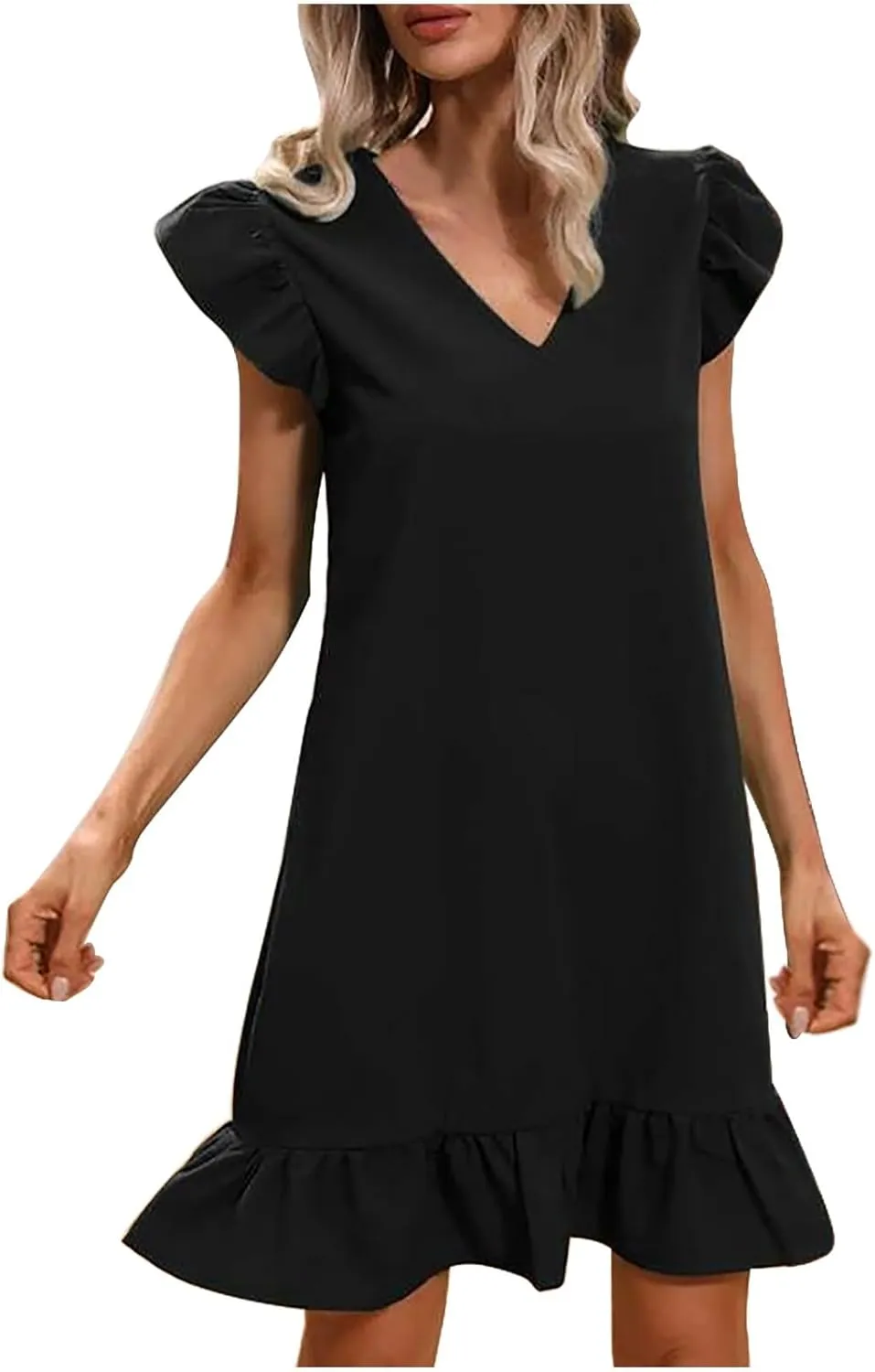 Women Summer V Neck Dress Sleeveless Ruffle Sleeve Swing Beach Solid Loose Short Flowy Pleated Mini Babydoll Dress