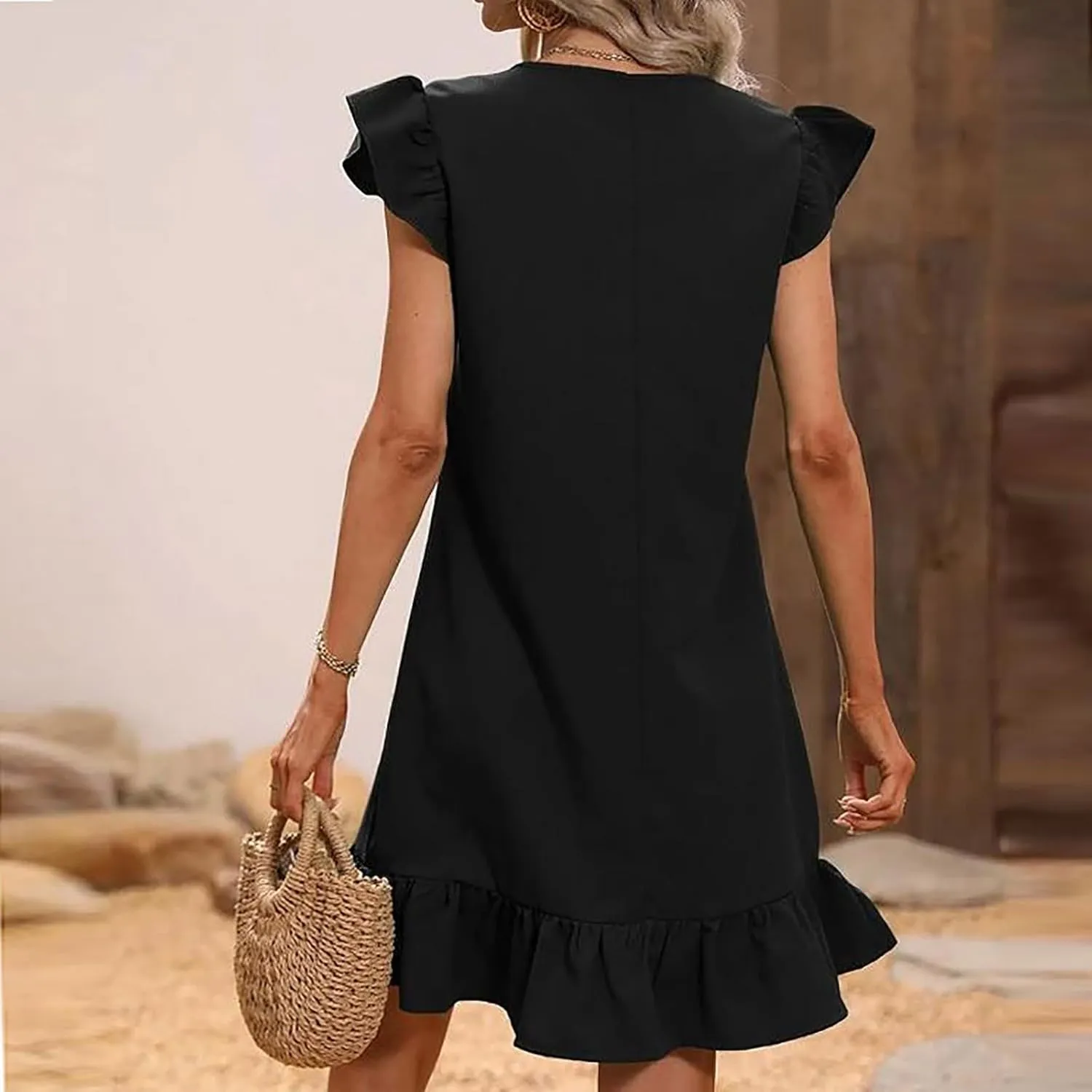 Women Summer V Neck Dress Sleeveless Ruffle Sleeve Swing Beach Solid Loose Short Flowy Pleated Mini Babydoll Dress