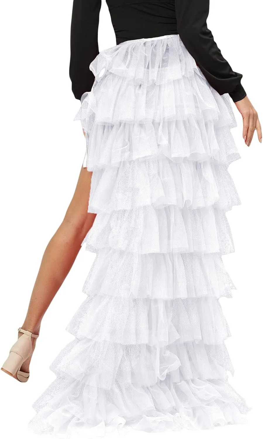 Women Tulle Tutu Long Skirts Wedding Party Cocktail Prom Bandage Mesh Overskirt Ruffled Steampunk Tie-on Bustle Skirt
