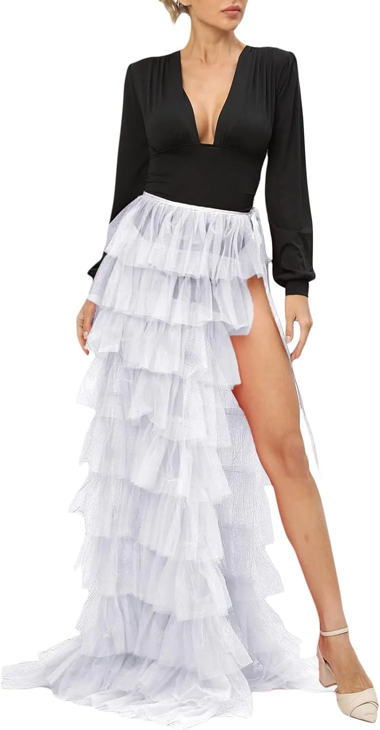 Women Tulle Tutu Long Skirts Wedding Party Cocktail Prom Bandage Mesh Overskirt Ruffled Steampunk Tie-on Bustle Skirt