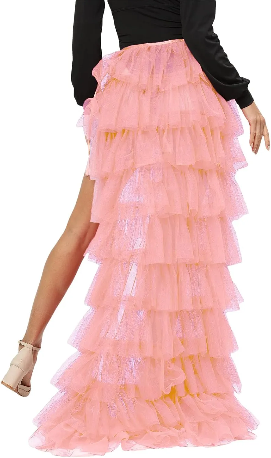 Women Tulle Tutu Long Skirts Wedding Party Cocktail Prom Bandage Mesh Overskirt Ruffled Steampunk Tie-on Bustle Skirt