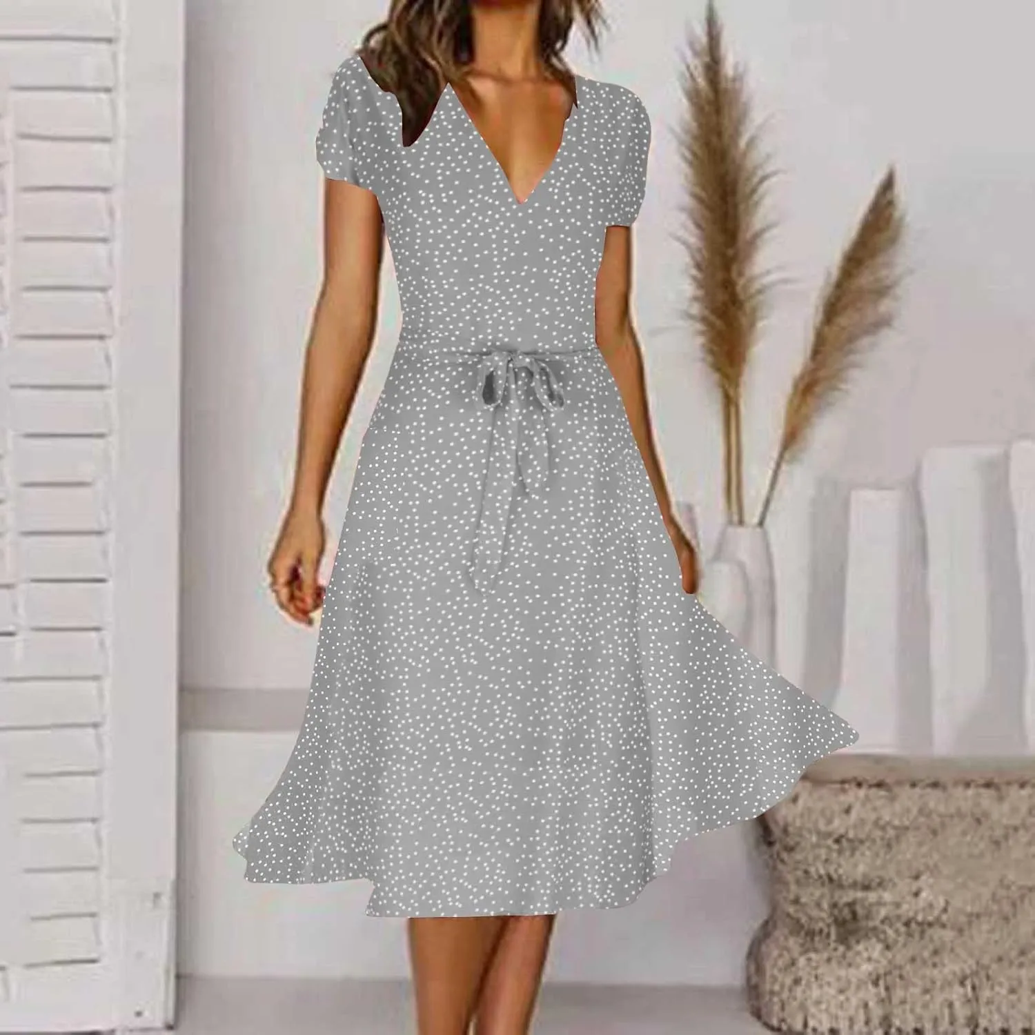 Women's 2024 Summer Casual Boho Sundress Polka Dot Short Sleeve V Neck Flowy Midi Dresses Chiffon Beach Dress