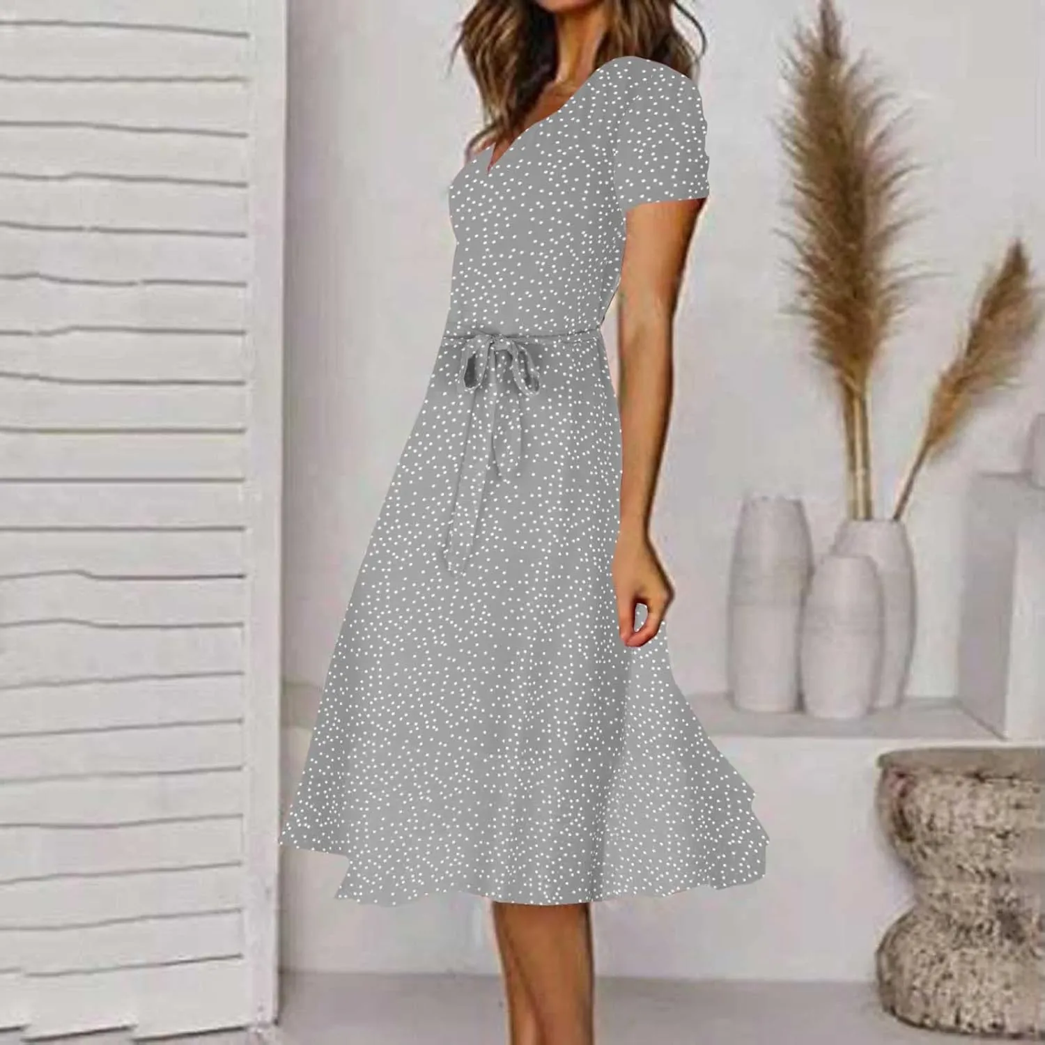 Women's 2024 Summer Casual Boho Sundress Polka Dot Short Sleeve V Neck Flowy Midi Dresses Chiffon Beach Dress