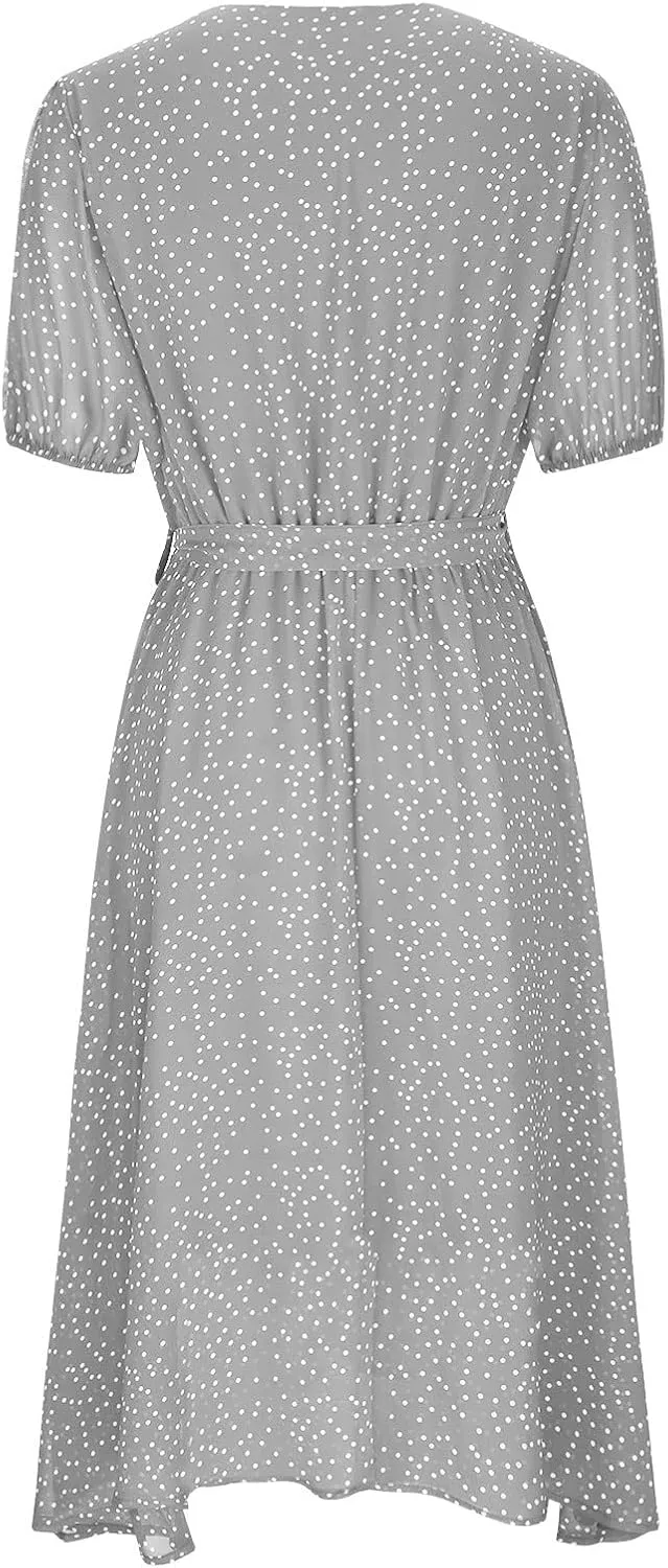 Women's 2024 Summer Casual Boho Sundress Polka Dot Short Sleeve V Neck Flowy Midi Dresses Chiffon Beach Dress