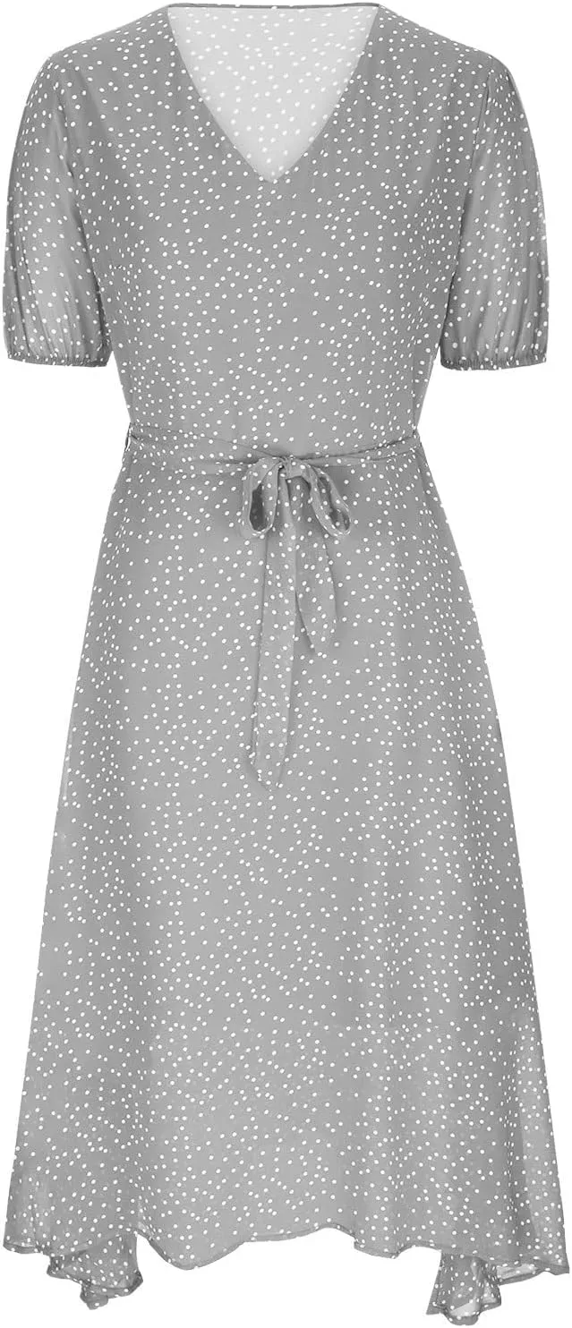 Women's 2024 Summer Casual Boho Sundress Polka Dot Short Sleeve V Neck Flowy Midi Dresses Chiffon Beach Dress