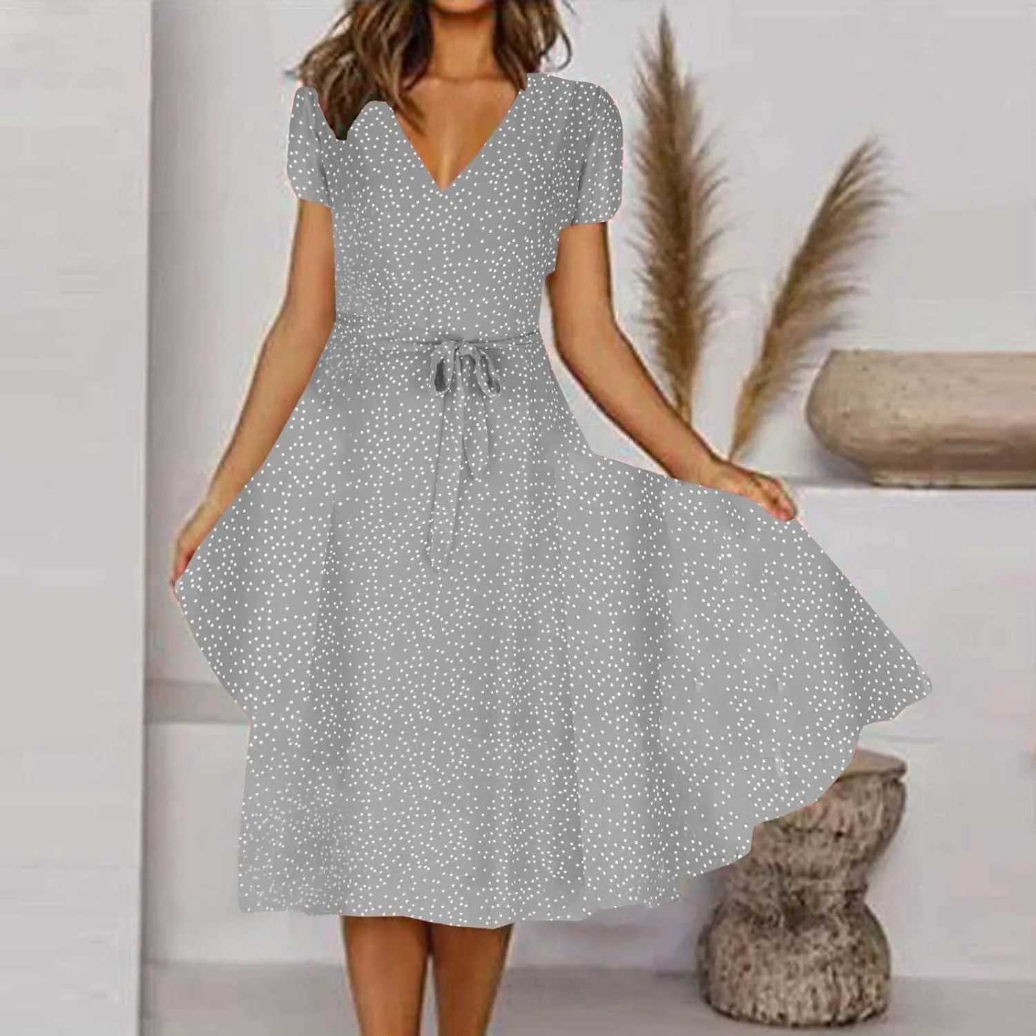 Women's 2024 Summer Casual Boho Sundress Polka Dot Short Sleeve V Neck Flowy Midi Dresses Chiffon Beach Dress