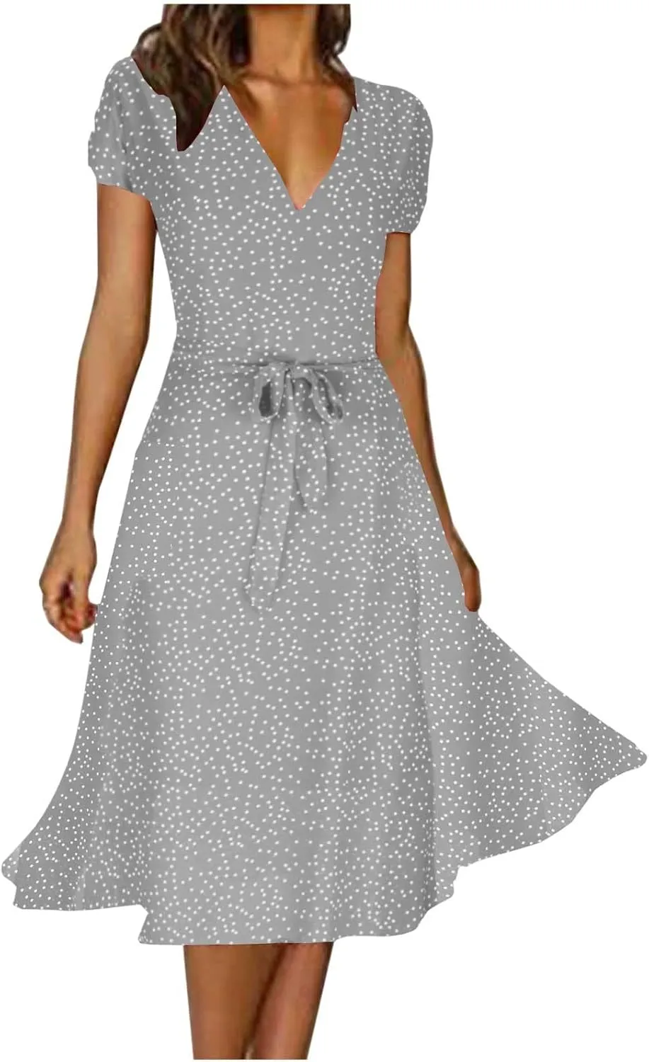 Women's 2024 Summer Casual Boho Sundress Polka Dot Short Sleeve V Neck Flowy Midi Dresses Chiffon Beach Dress