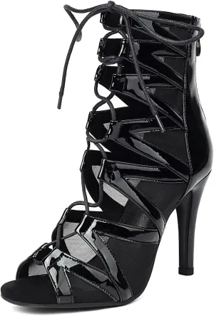 Women's Ballroom Dance Boots Lace-up Open Toe Professional Latin Salsa Performance Dancing Boots,Model K600-Rubber Sole-3.74Heel
