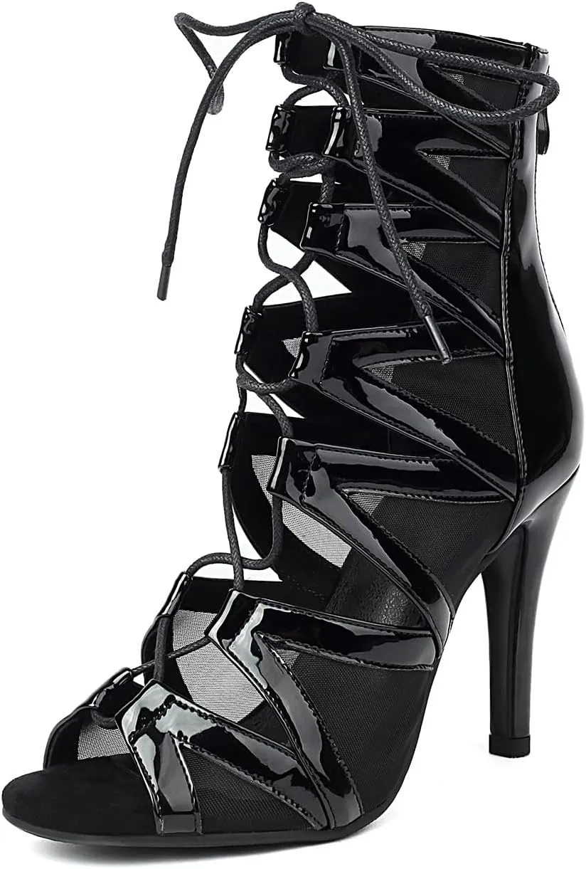 Women's Ballroom Dance Boots Lace-up Open Toe Professional Latin Salsa Performance Dancing Boots,Model K600-Rubber Sole-3.74Heel