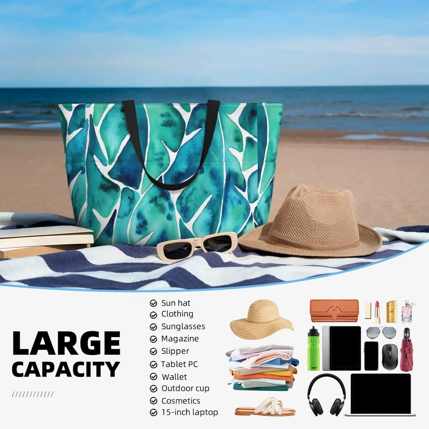 Women's Beach Travel Bags Large Waterproof Tote Bag with Pockets Sandproof Handbag for Beach Gym Vacation