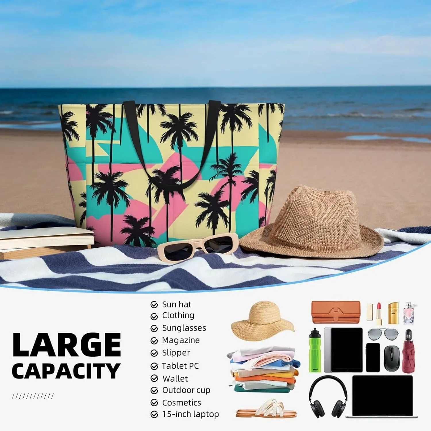 Women's Beach Travel Bags Large Waterproof Tote Bag with Pockets Sandproof Handbag for Beach Gym Vacation
