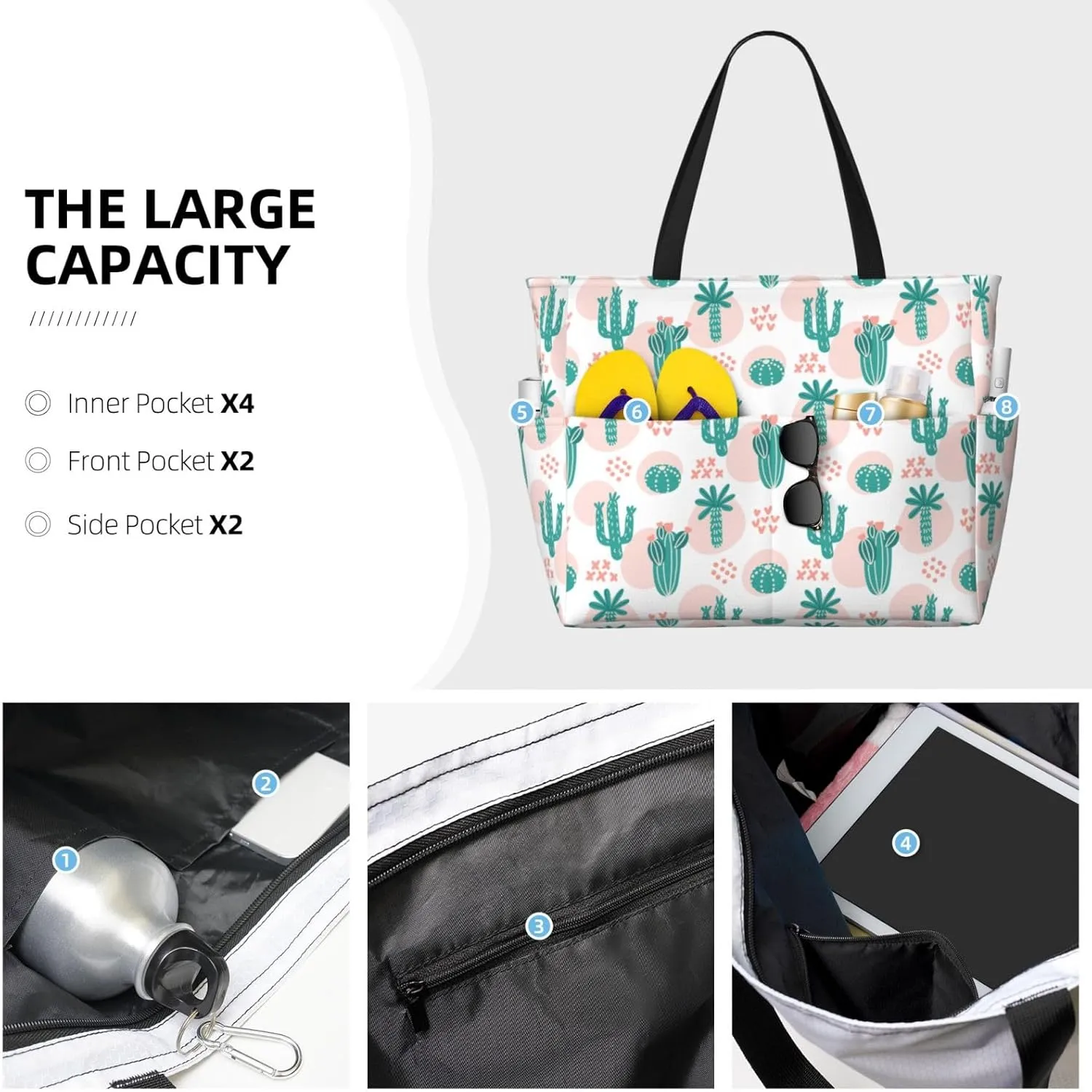 Women's Beach Travel Bags Large Waterproof Tote Bag with Pockets Sandproof Handbag for Beach Gym Vacation