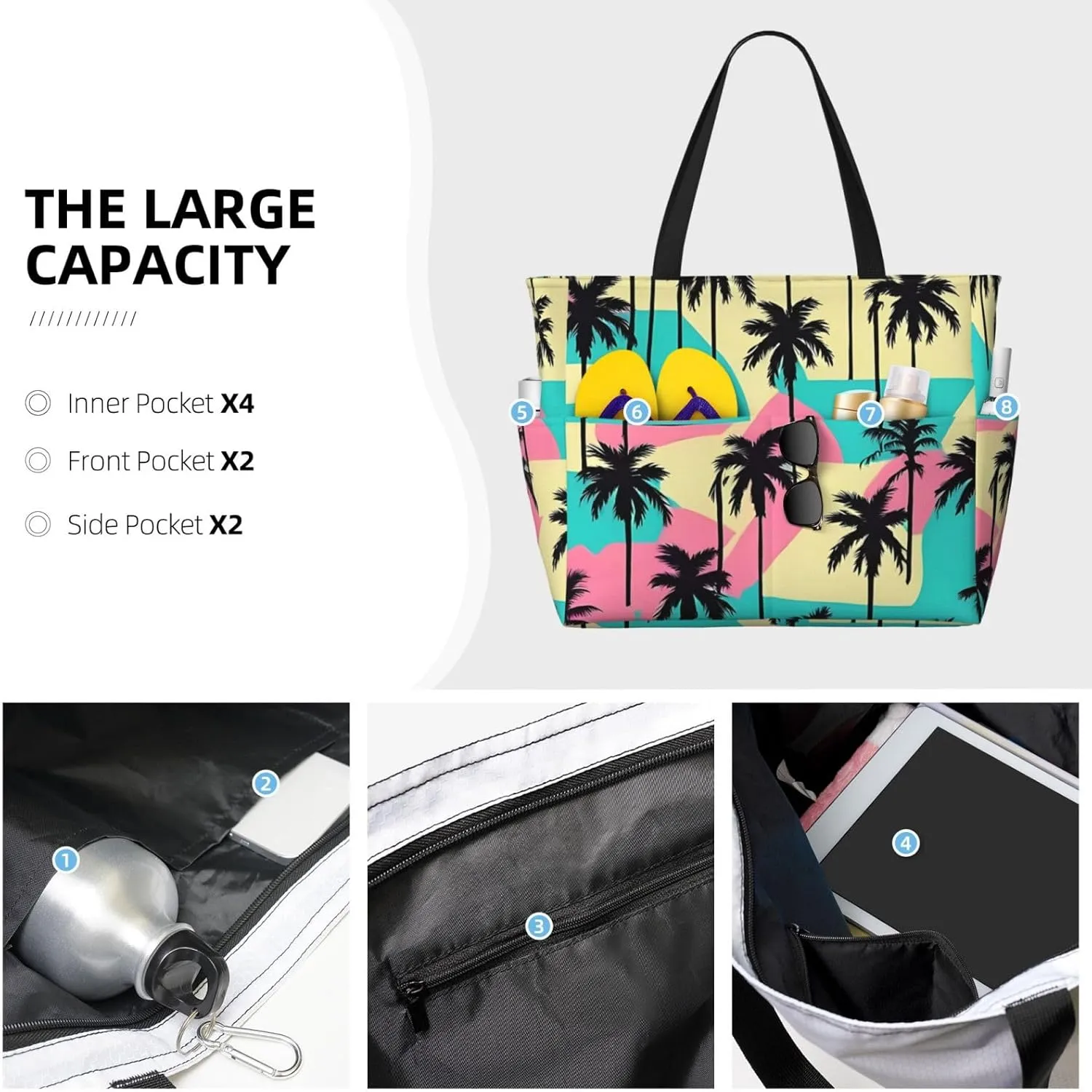 Women's Beach Travel Bags Large Waterproof Tote Bag with Pockets Sandproof Handbag for Beach Gym Vacation
