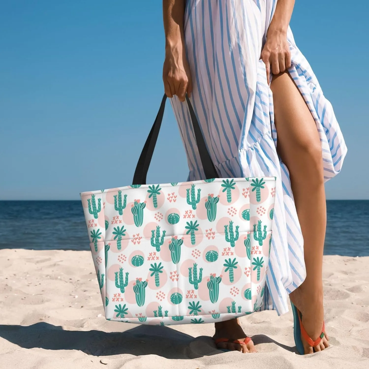 Women's Beach Travel Bags Large Waterproof Tote Bag with Pockets Sandproof Handbag for Beach Gym Vacation