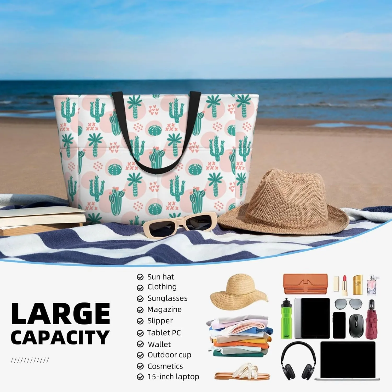 Women's Beach Travel Bags Large Waterproof Tote Bag with Pockets Sandproof Handbag for Beach Gym Vacation
