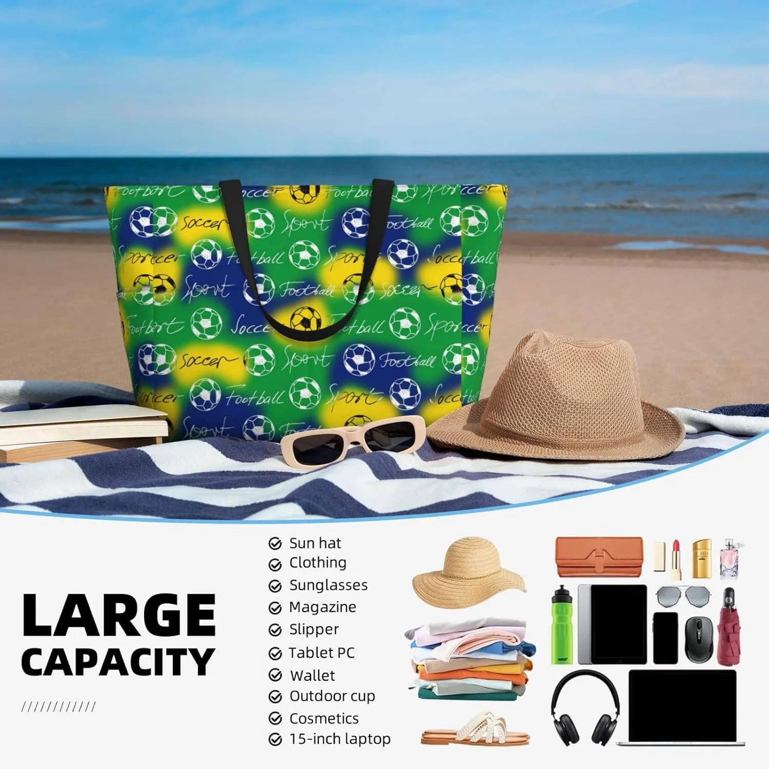 Women's Beach Travel Bags Large Waterproof Tote Bag with Pockets Sandproof Handbag for Beach Gym Vacation