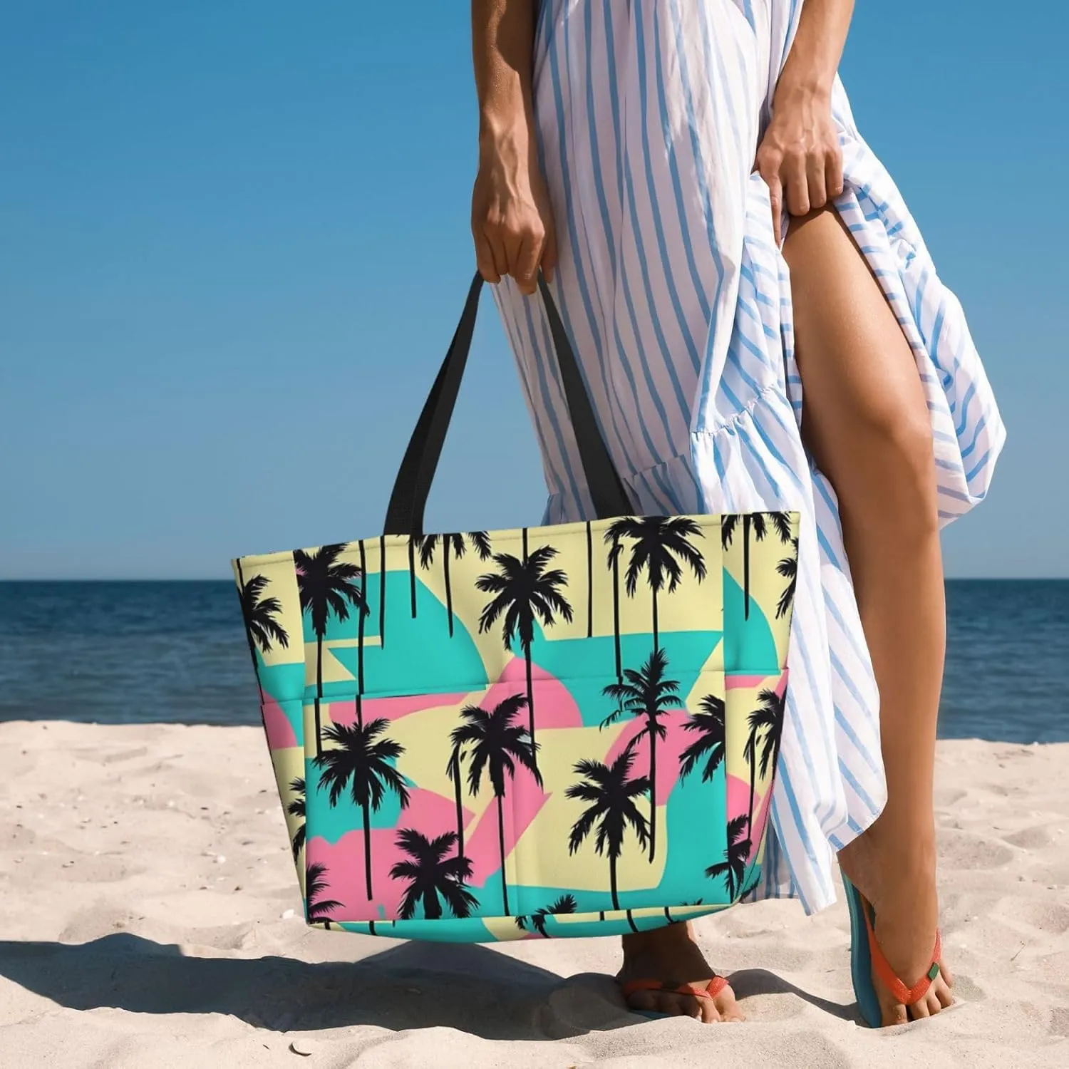 Women's Beach Travel Bags Large Waterproof Tote Bag with Pockets Sandproof Handbag for Beach Gym Vacation