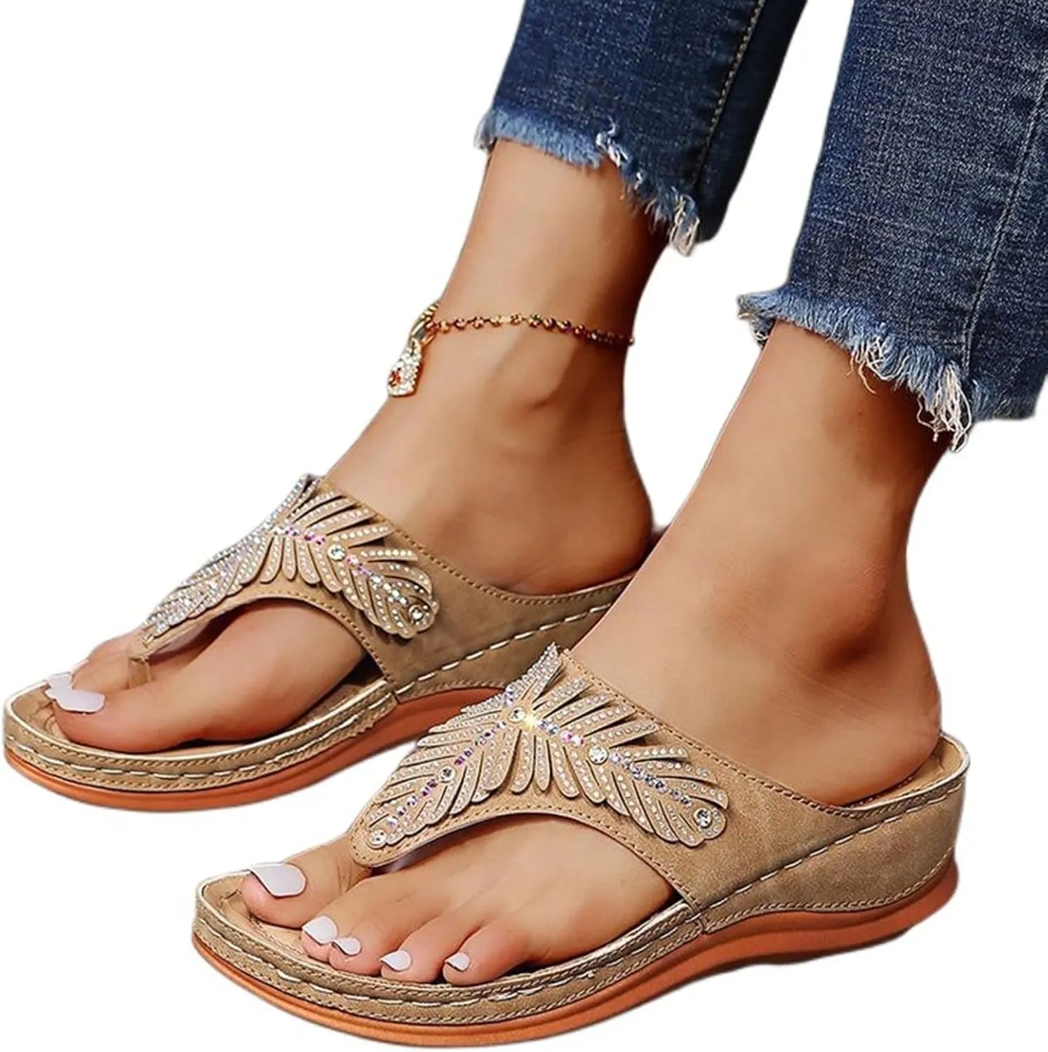 Women's Beaded Rhinestones Sandals Women Dressy Summer Comfortable Flip Flops Summer Shoes Outdoor Lightweight Ladies Beach Shoes Slipper