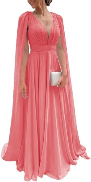 Women's Bridesmaid Dresses A Line Pleated Chiffon V Neck Formal Evening Dress with Sleeves Coral 12