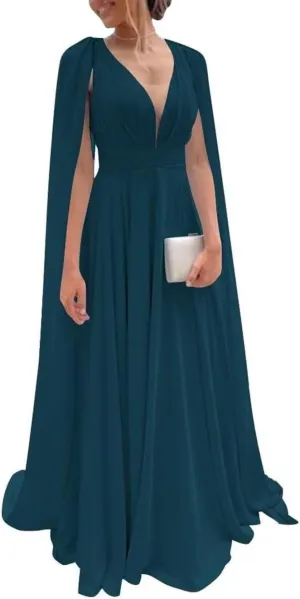 Women's Bridesmaid Dresses A Line Pleated Chiffon V Neck Formal Evening Dress with Sleeves Peacock 18W
