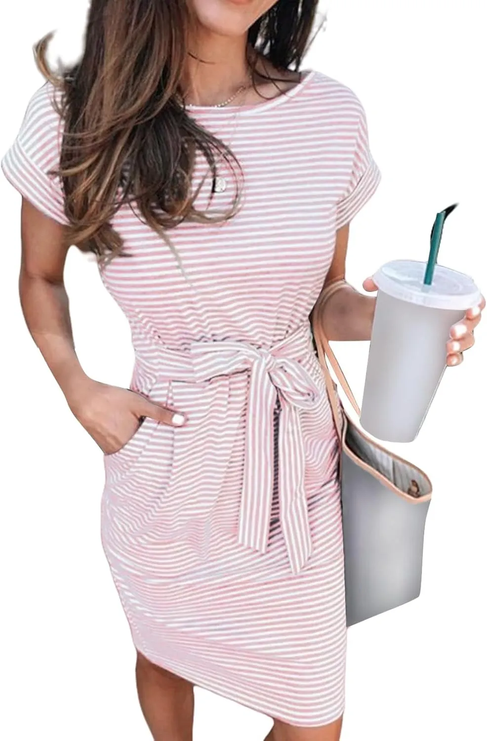Women's Casual Dresses Summer Striped T Shirt Mini Dresses Short Sleeve Crewneck Dress Tie Waist Dress with Pockets