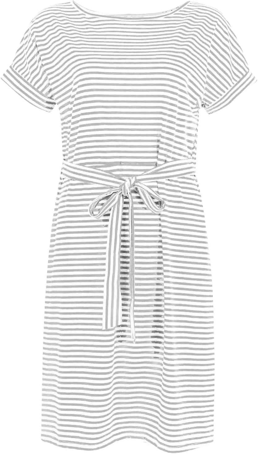 Women's Casual Dresses Summer Striped T Shirt Mini Dresses Short Sleeve Crewneck Dress Tie Waist Dress with Pockets