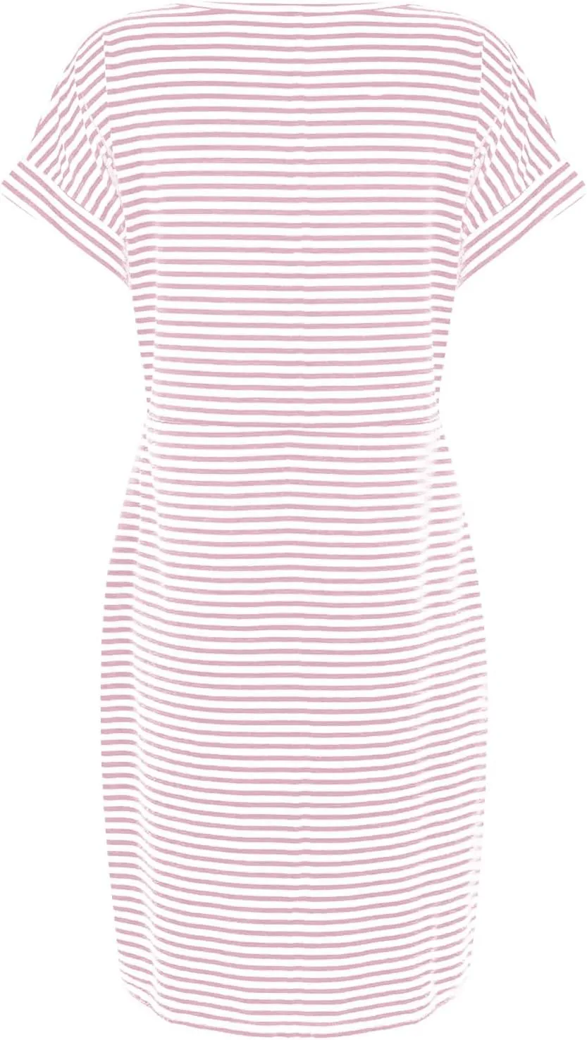 Women's Casual Dresses Summer Striped T Shirt Mini Dresses Short Sleeve Crewneck Dress Tie Waist Dress with Pockets