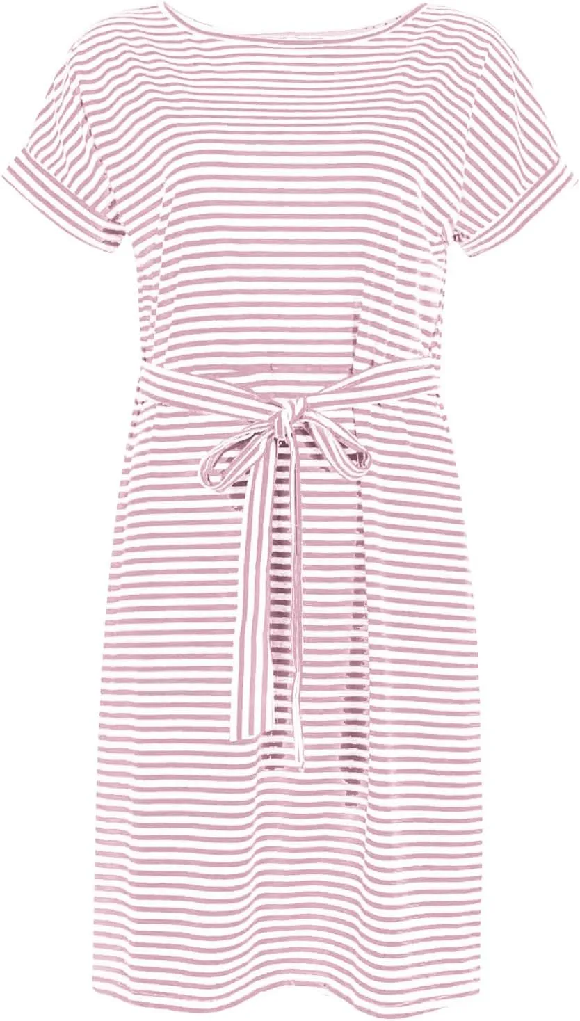 Women's Casual Dresses Summer Striped T Shirt Mini Dresses Short Sleeve Crewneck Dress Tie Waist Dress with Pockets