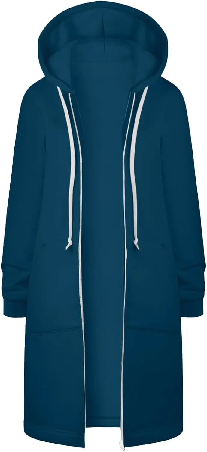 Womens Casual Zip Up Hoodies Fleece Tunic Long Sweatshirts Fall Winter Windproof Hooded Jacket Outerwear with Pockets