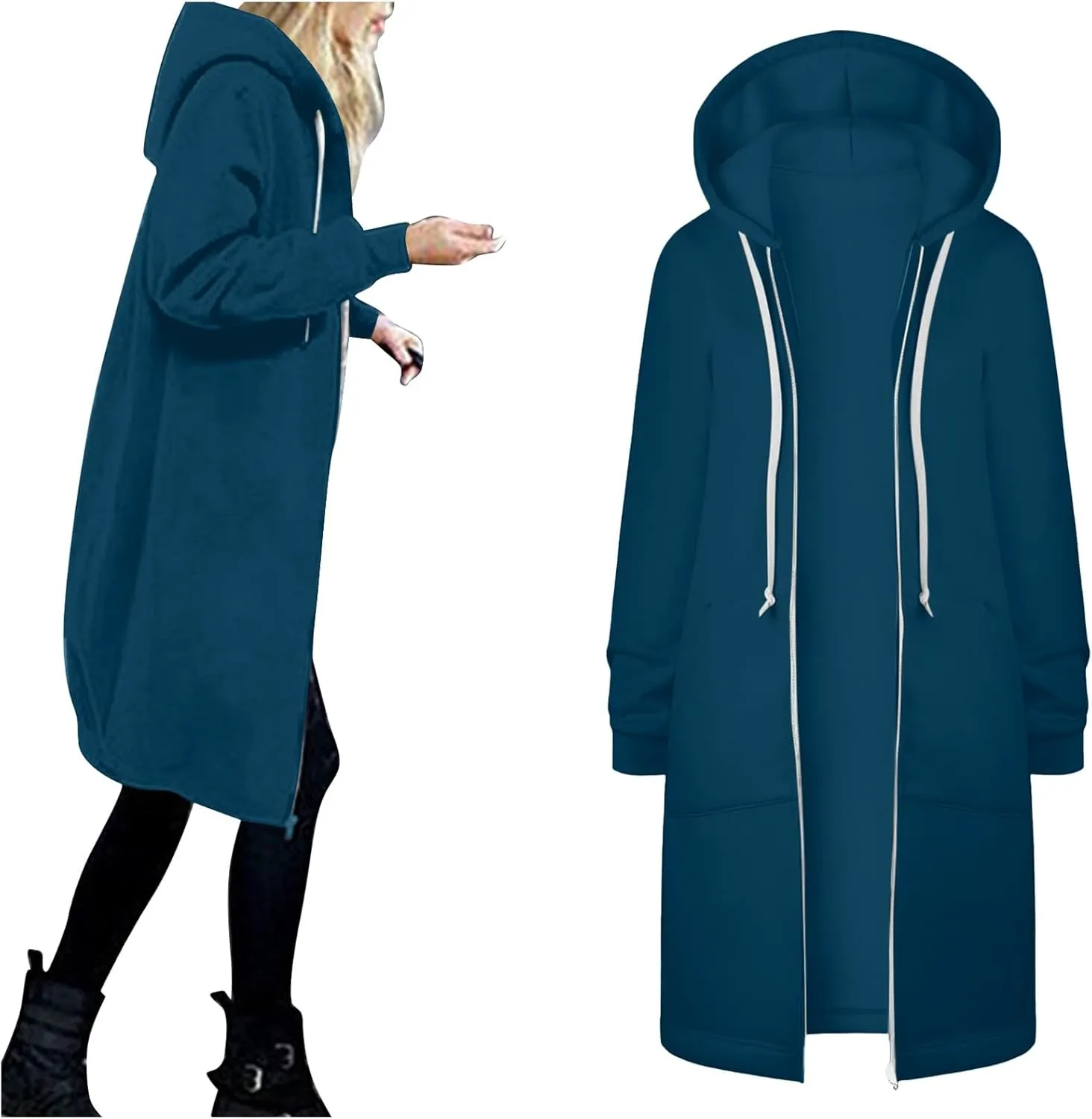 Womens Casual Zip Up Hoodies Fleece Tunic Long Sweatshirts Fall Winter Windproof Hooded Jacket Outerwear with Pockets