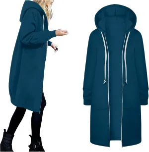 Womens Casual Zip Up Hoodies Fleece Tunic Long Sweatshirts Fall Winter Windproof Hooded Jacket Outerwear with Pockets