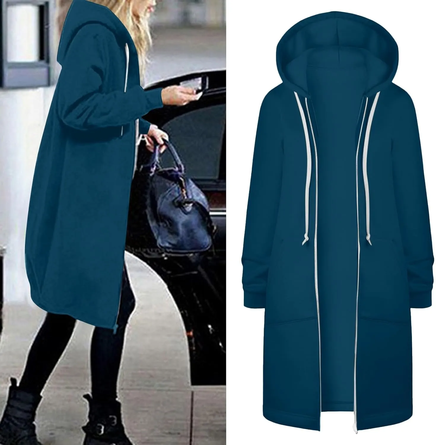 Womens Casual Zip Up Hoodies Fleece Tunic Long Sweatshirts Fall Winter Windproof Hooded Jacket Outerwear with Pockets
