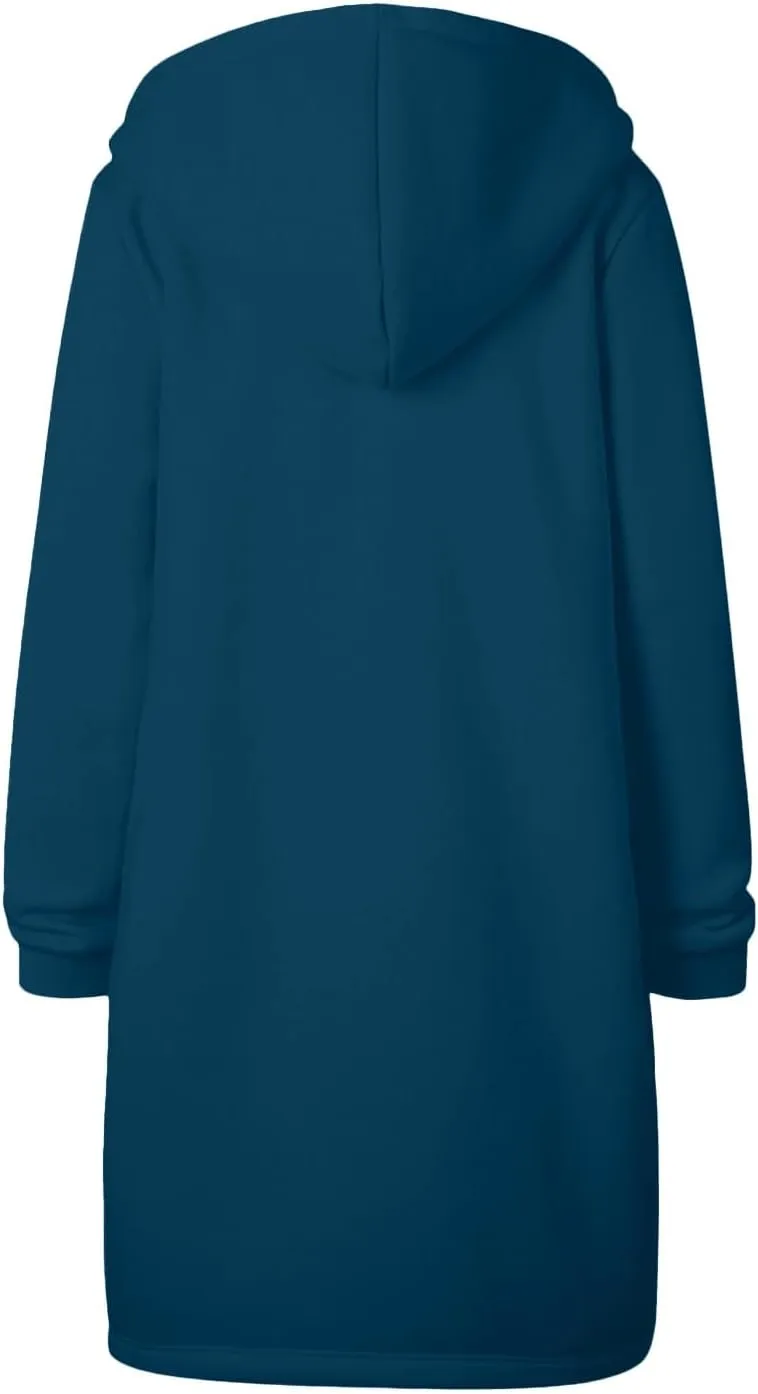 Womens Casual Zip Up Hoodies Fleece Tunic Long Sweatshirts Fall Winter Windproof Hooded Jacket Outerwear with Pockets