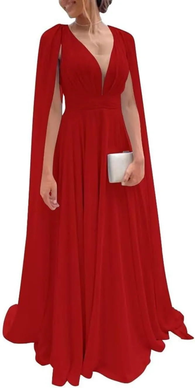 Women's Chiffon Bridesmaid Dresses A Line Pleated V Neck Formal Evening Dress with Cape Sleeve Red A-14
