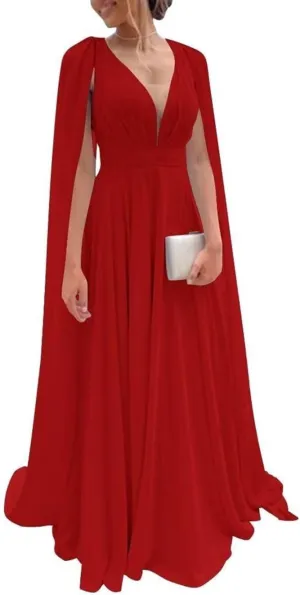 Women's Chiffon Bridesmaid Dresses A Line Pleated V Neck Formal Evening Dress with Cape Sleeve Red A-14