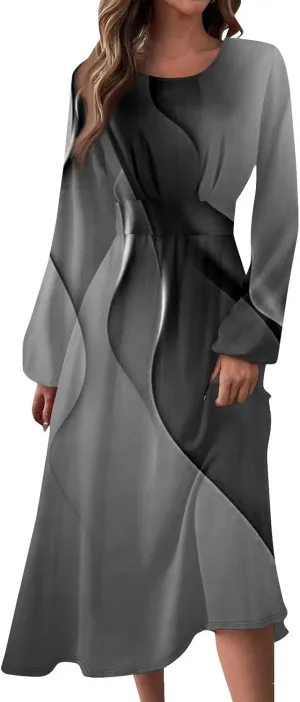 Women's Elegant Long Sleeve Gradient Midi Dress Stylish Casual Wear for Parties Work and Everyday Outfits