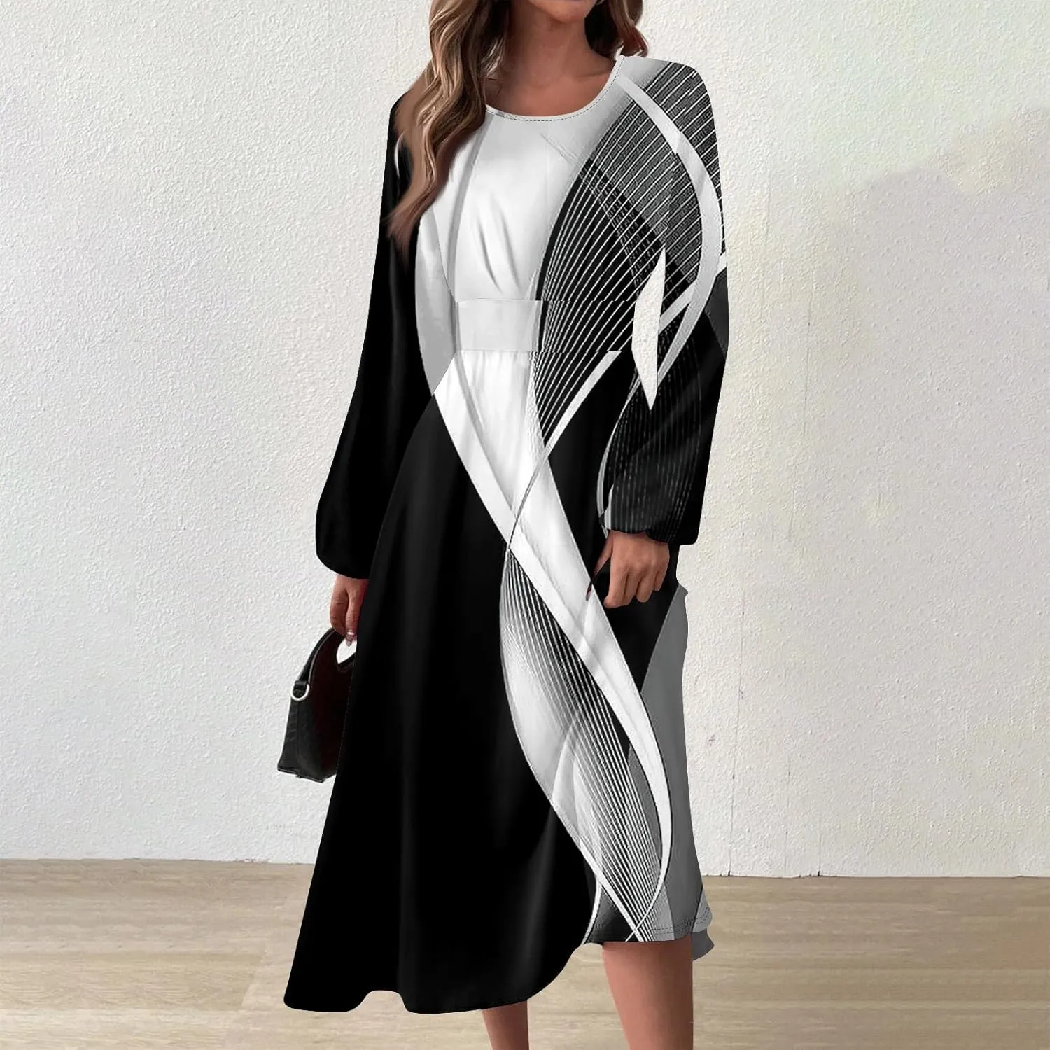 Women's Elegant Long Sleeve Gradient Midi Dress Stylish Casual Wear for Parties Work and Everyday Outfits