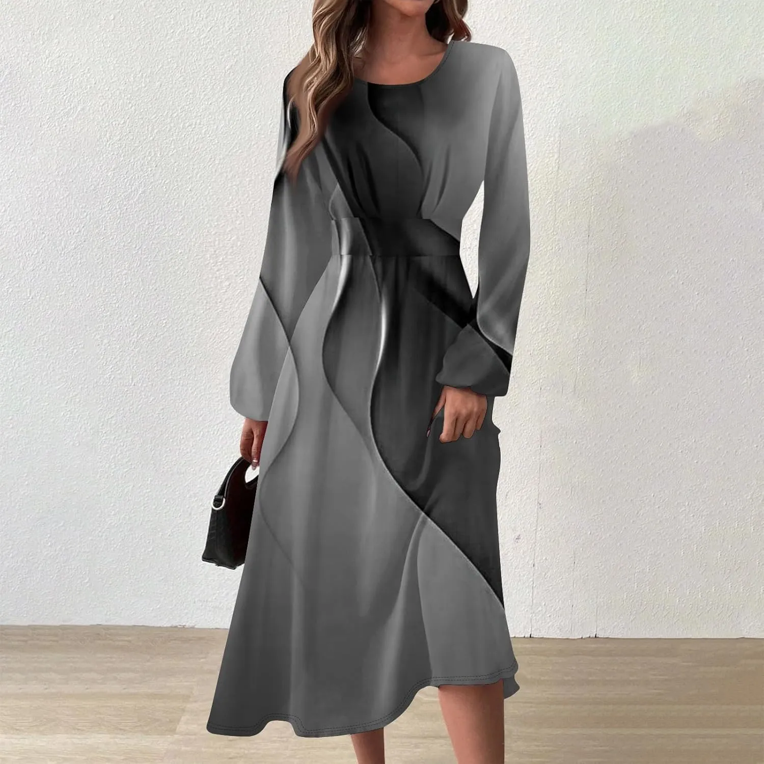 Women's Elegant Long Sleeve Gradient Midi Dress Stylish Casual Wear for Parties Work and Everyday Outfits